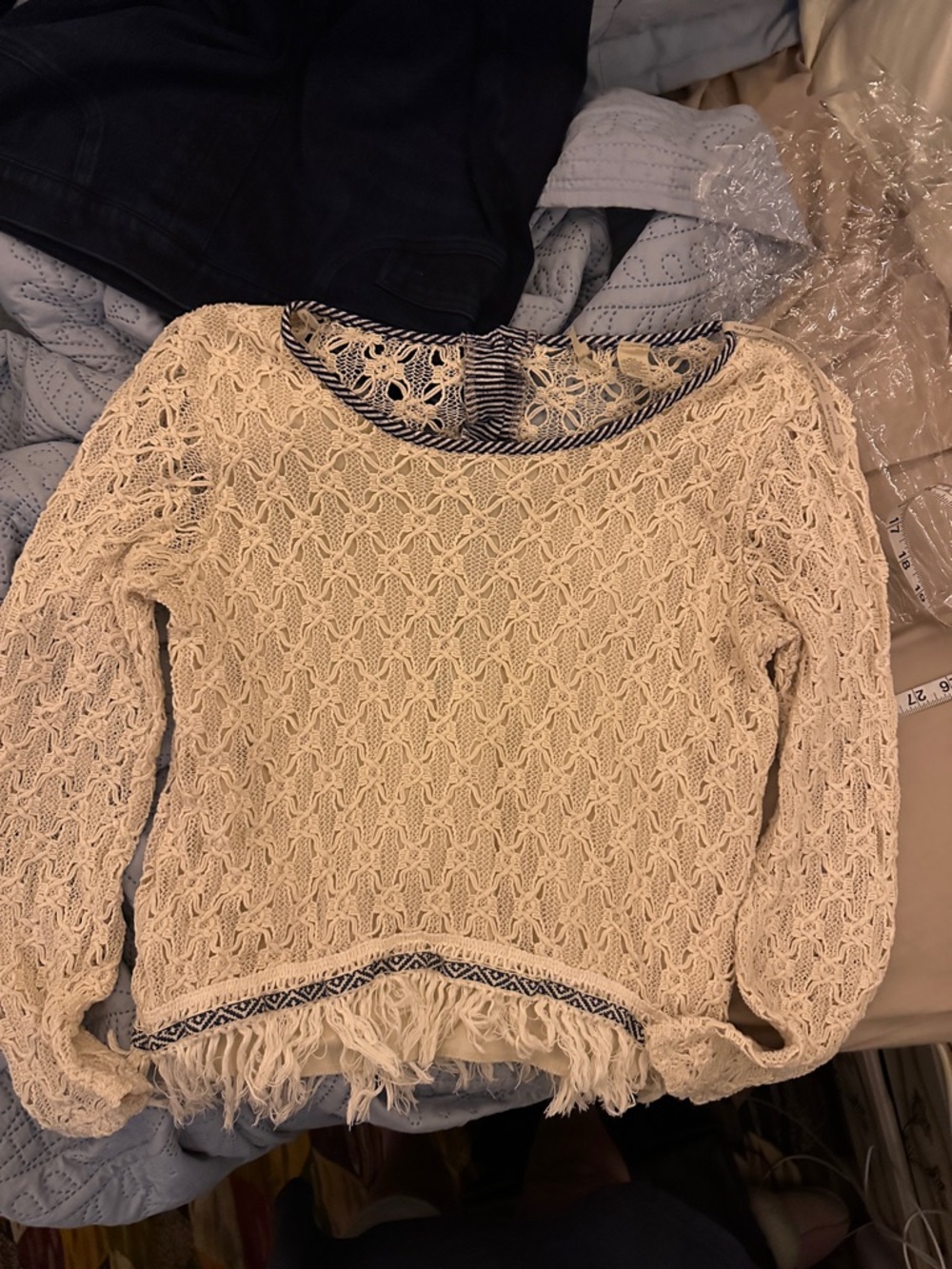 BKE Beige Lace Blouse with Dark‎ Trim - Picture 6 of 7